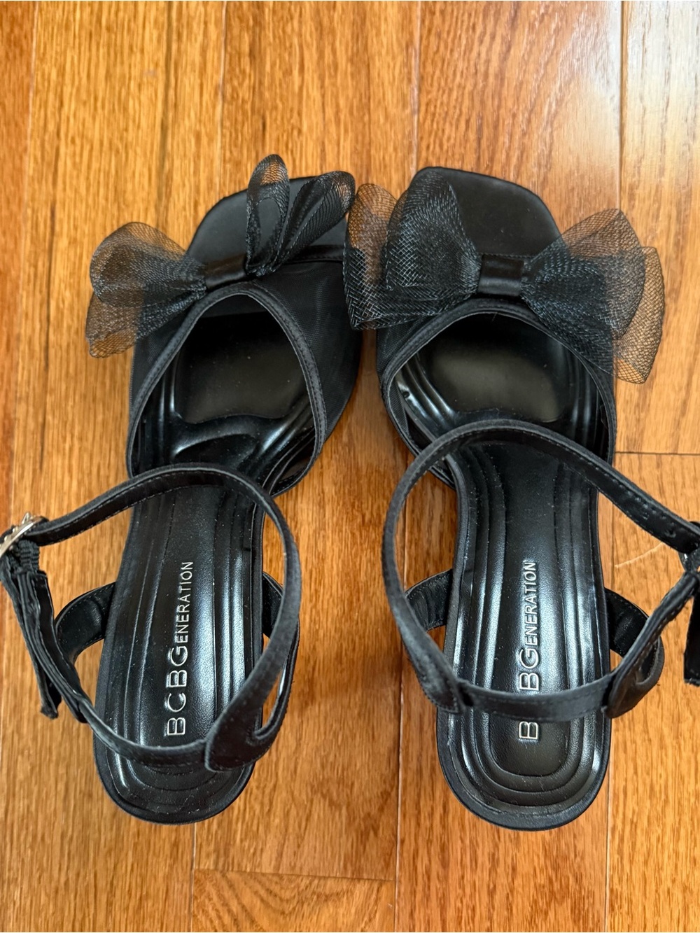 BCBGeneration Black Mesh Bow Ankle-Strap Heels - Picture 2 of 6